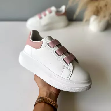 Adidasi dama casual albi cu roz, inchidere cu elastic, 8901 